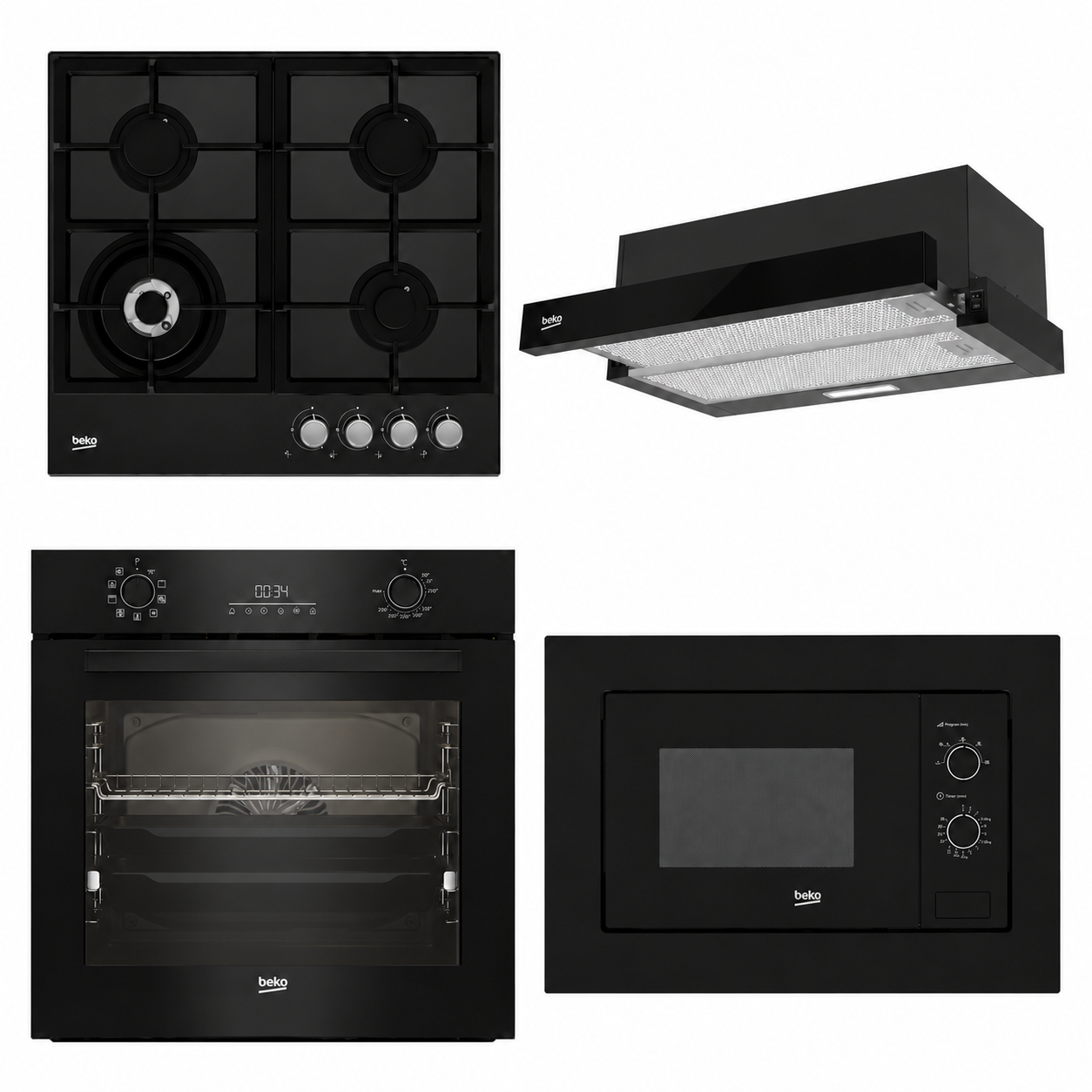 Pachet încorporabil Beko Black Edition – Cuptor + Cuptor cu microunde + Plită gaz + Hotă telescopică