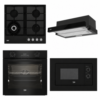 Pachet încorporabil Beko Black Edition – Cuptor + Cuptor cu microunde + Plită gaz + Hotă telescopică